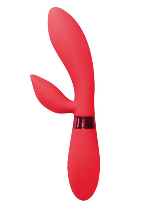 Красный вибратор Leyla с клиторальным отростком - 20,5 см. - 1