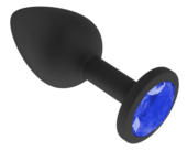 Чёрная анальная втулка с синим кристаллом - 7,3 см. - 0