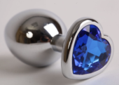 Серебристая анальная пробка с синим кристаллом-сердцем - 9 см. - 0