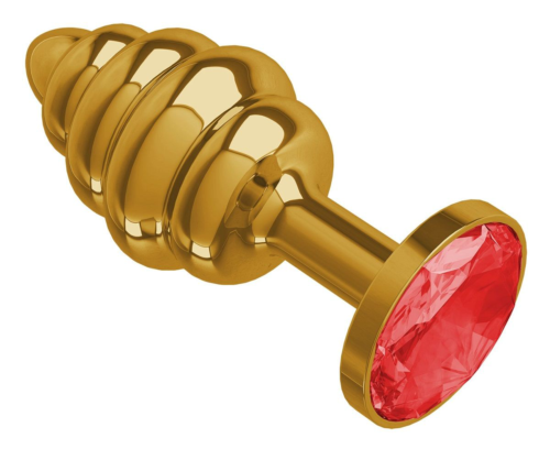 Золотистая пробка с рёбрышками и красным кристаллом - 7 см. - 0