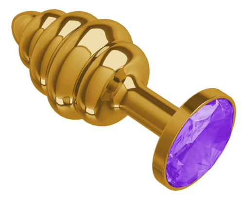 Золотистая пробка с рёбрышками и фиолетовым кристаллом - 7 см. - 0