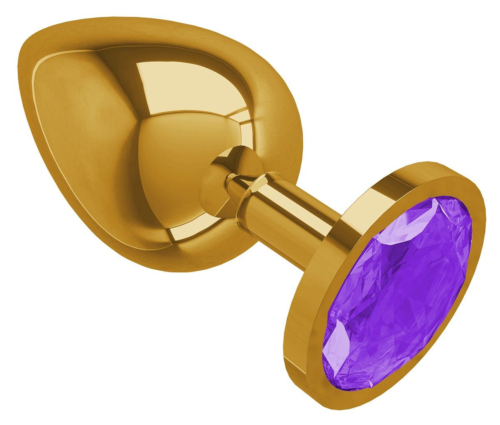 Золотистая большая анальная пробка с фиолетовым кристаллом - 9,5 см. - 0
