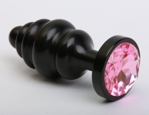 Черная фигурная анальная пробка с розовым кристаллом - 8,2 см. - 0