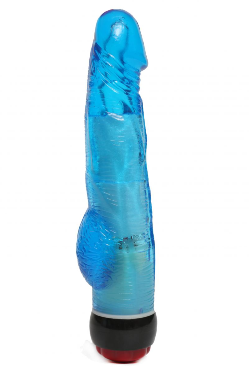 Голубой вибратор-реалистик с мошонкой и подсветкой - 21,5 см. - 0