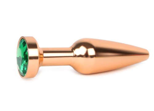 Удлиненная коническая гладкая золотистая анальная втулка с зеленым кристаллом - 11,3 см. - 0