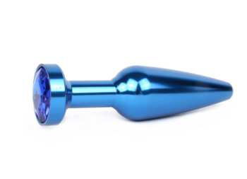 Удлиненная коническая гладкая синяя анальная втулка с синим кристаллом - 11,3 см.