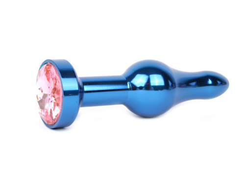 Удлиненная шарикообразная синяя анальная втулка с розовым кристаллом - 10,3 см. - 0