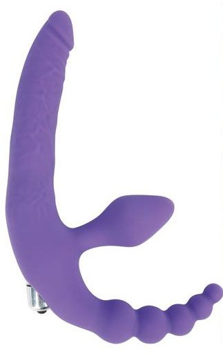 Фиолетовый безремневой страпон с анальным отростком и вибрацией - 15 см. - 0