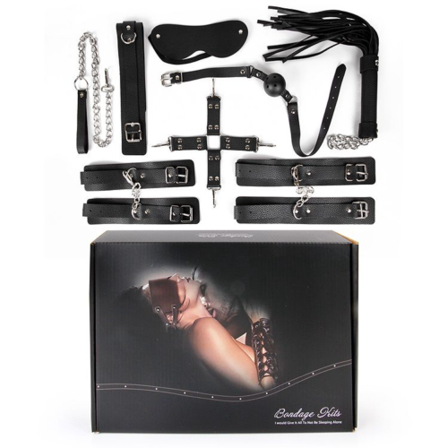 Большой черный набор БДСМ: наручники, оковы, ошейник с поводком, кляп, маска, плеть, фиксатор - 1