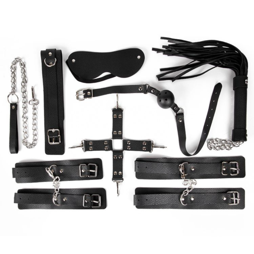 Большой черный набор БДСМ: наручники, оковы, ошейник с поводком, кляп, маска, плеть, фиксатор - 0