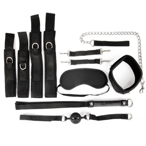 Черный текстильный набор БДСМ: наручники, оковы, ошейник с поводком, кляп, маска, плеть - 0