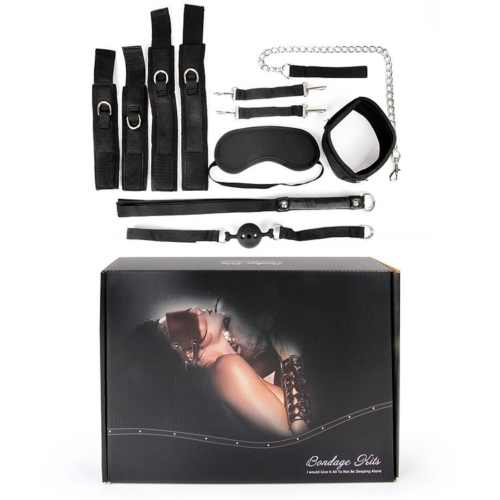 Черный текстильный набор БДСМ: наручники, оковы, ошейник с поводком, кляп, маска, плеть - 1