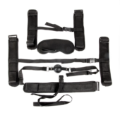 Пикантный черный текстильный набор БДСМ: наручники, оковы, ошейник с поводком, кляп, маска - 0