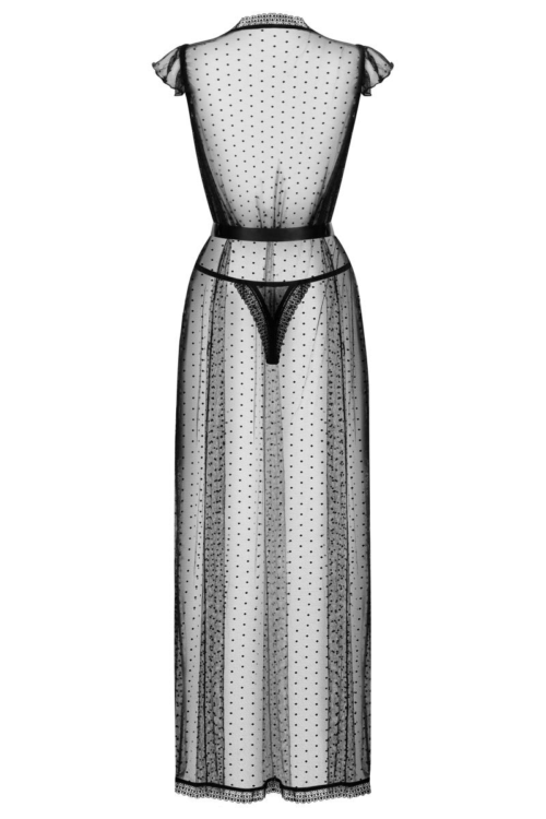 Восхитительный длинный полупрозрачный пеньюар с атласным поясом - 5