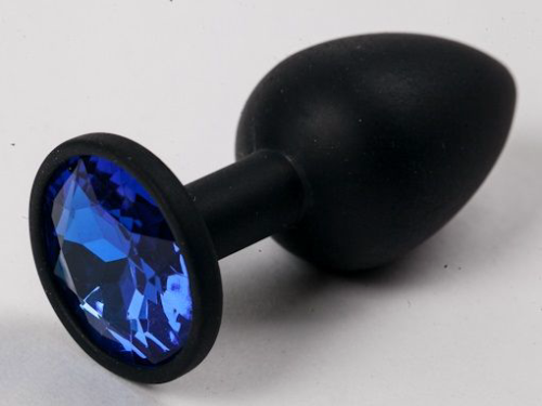 Черная силиконовая анальная пробка с синим стразом - 7,1 см. - 0