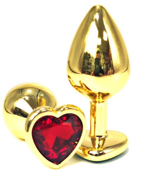 Золотистая анальная пробка с красным кристаллом-сердцем - 6,5 см. - 0