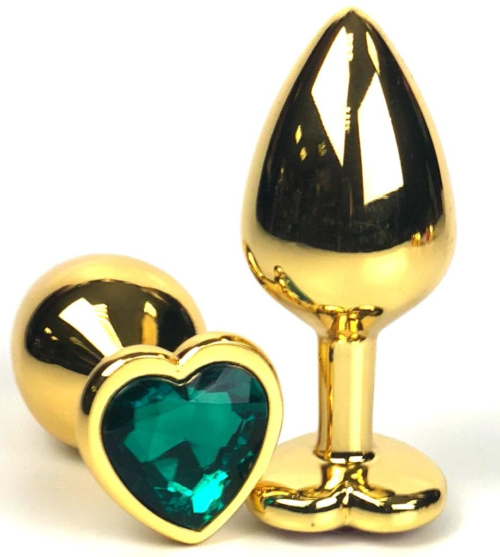 Золотистая анальная пробка с зеленым кристаллом-сердцем - 8 см. - 0