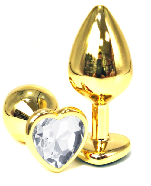 Золотистая анальная пробка с прозрачным кристаллом-сердцем - 6 см. - 0