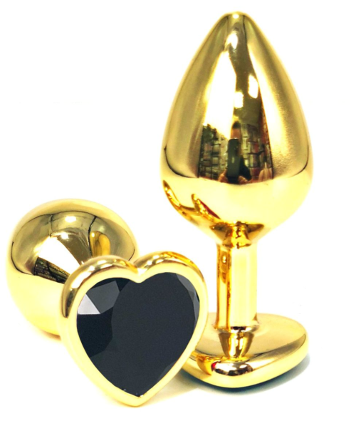 Золотистая анальная пробка с черным кристаллом-сердцем - 6 см. - 0