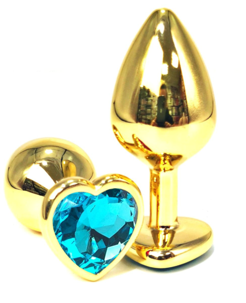Золотистая анальная пробка с голубым кристаллом-сердцем - 7 см. - 0