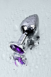 Серебристая коническая анальная пробка с фиолетовым кристаллом - 8 см. - 9