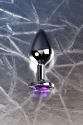 Серебристая коническая анальная пробка с фиолетовым кристаллом - 8 см. - 8