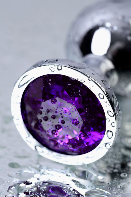 Серебристая коническая анальная пробка с фиолетовым кристаллом - 8 см. - 10