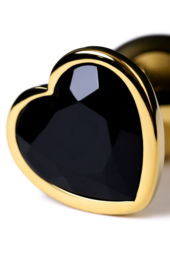 Золотистая коническая анальная пробка с черным кристаллом-сердечком - 7 см. - 7