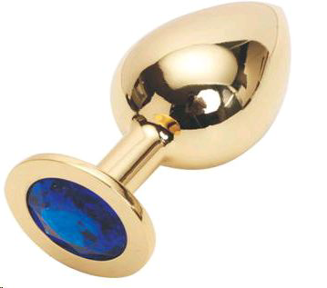 Золотистая анальная пробка GOLDEN PLUG Large с синим кристаллом - 9,5 см. - 0