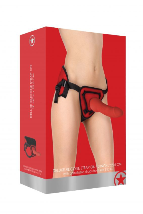 Красный страпон Deluxe Silicone Strap On 10 Inch - 25,5 см. - 1