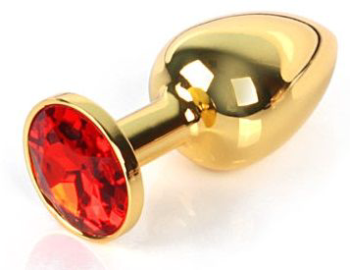 Золотистая анальная пробка с красным кристаллом размера L - 9 см.