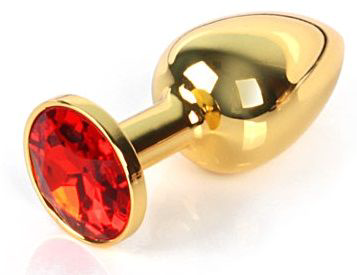 Золотистая анальная пробка с красным кристаллом размера L - 9 см. - 0