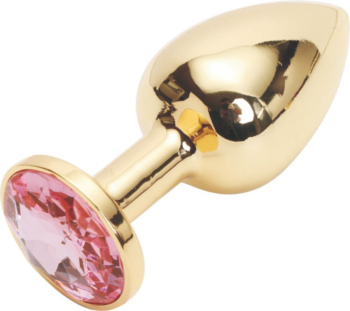 Золотистая анальная пробка с розовым кристаллом размера S - 7 см.