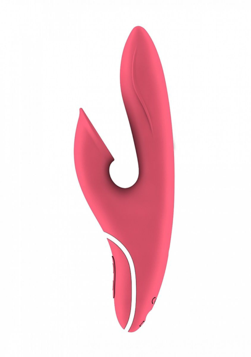 Розовый вибратор HIKY Rabbit с клиторальным отростком с функцией всасывания - 23 см. - 2