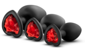 Набор черных анальных пробок с красным кристаллом-сердечком Bling Plugs Training Kit - 0