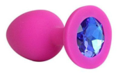 Ярко-розовая анальная пробка с синим кристаллом - 9,5 см. - 0