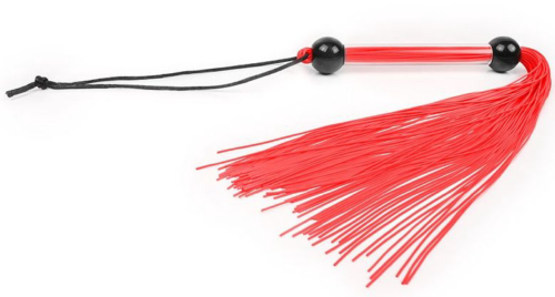 Красная многохвостая плеть с черными шариками на рукояти - 35 см. - 0