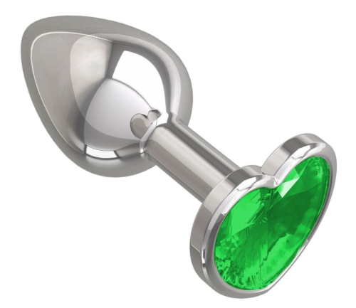 Серебристая анальная втулка с зеленым кристаллом-сердцем - 7 см. - 0