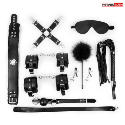 Большой набор БДСМ в черном цвете: маска, кляп, зажимы, плётка, ошейник, наручники, оковы, щекоталка, фиксатор - 0
