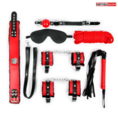 Оригинальный красно-черный набор БДСМ: маска, кляп, верёвка, плётка, ошейник, наручники, оковы - 0