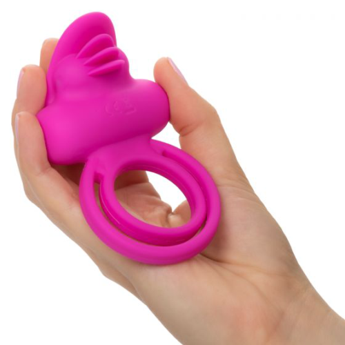Ярко-розовое эрекционное кольцо Silicone Rechargeable Dual Clit Flicker - 3