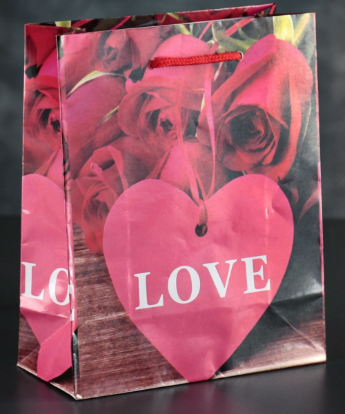 Подарочный пакет Love с розочками и сердечками - 23 х 18 см. - 0