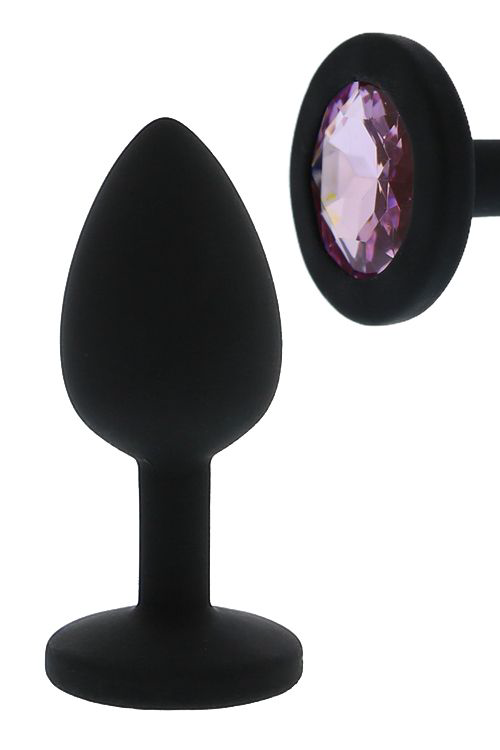 Черная гладкая анальная пробка с розовым кристаллом - 7 см. - 0
