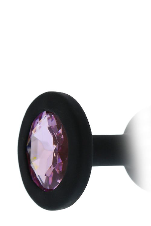 Черная гладкая анальная пробка с розовым кристаллом - 7 см. - 2